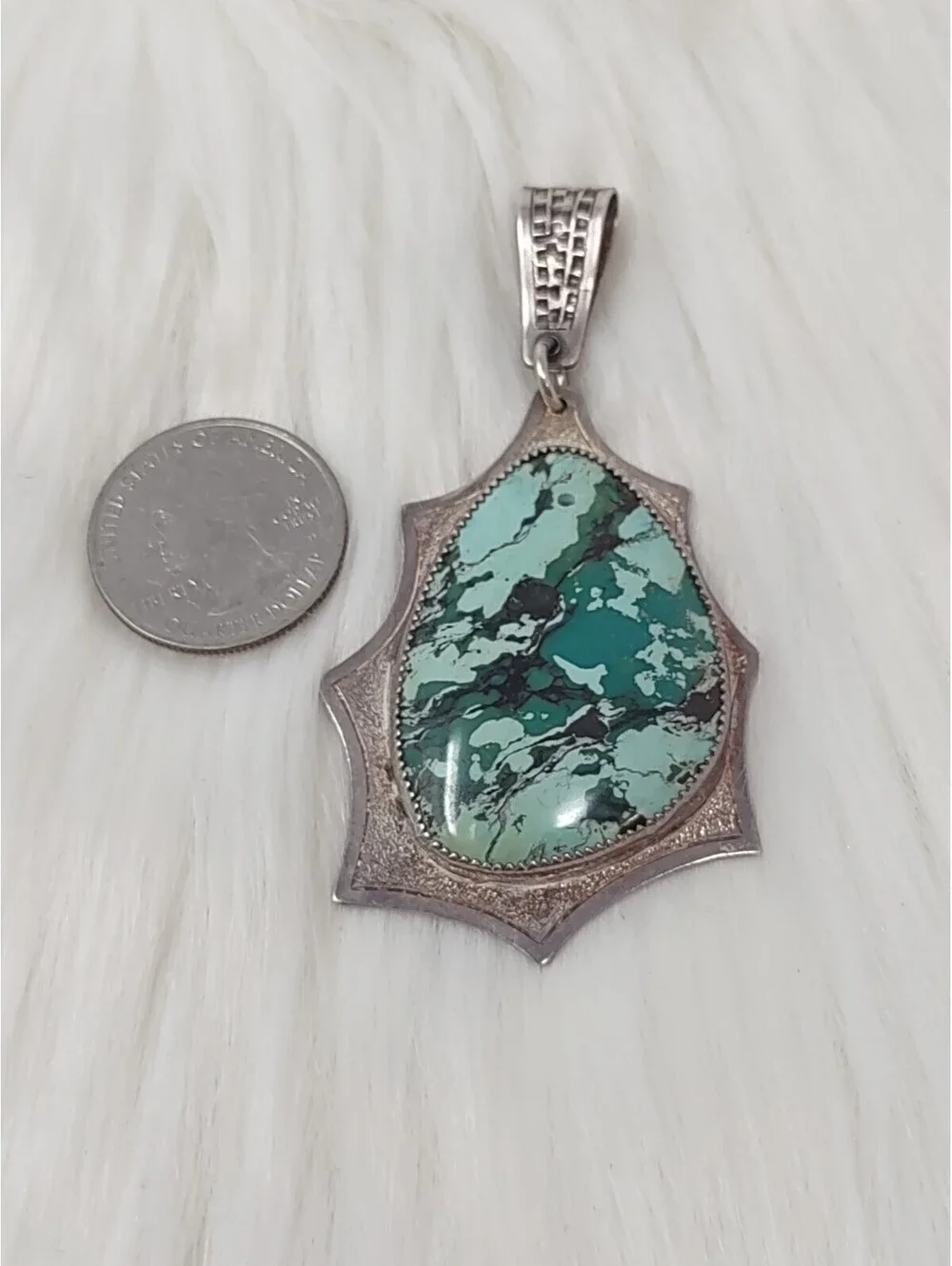 925  Sterling Sonoran Green Turquoise Shield Pendant 21.8g